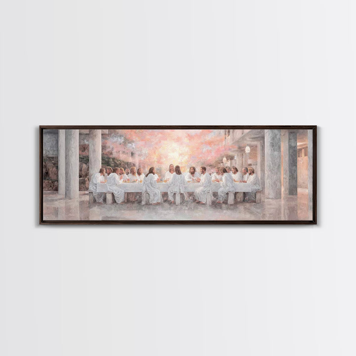 Sacred Supper Reflection, Framed Canvas Print, Christian Wall Art, Jesus Painting, Panoramic Painting, Christian Art Canvas