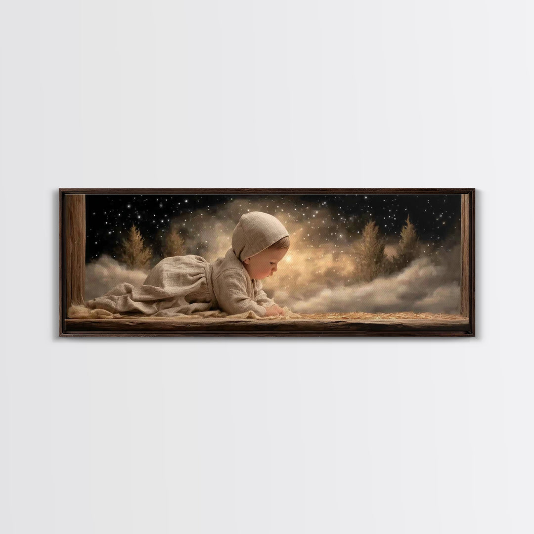 Radiant Nativity – Framed Canvas Print – Christian Christmas Art – Panoramic Frame – Christian Wall Art – Jesus Painting – Christmas Canvas