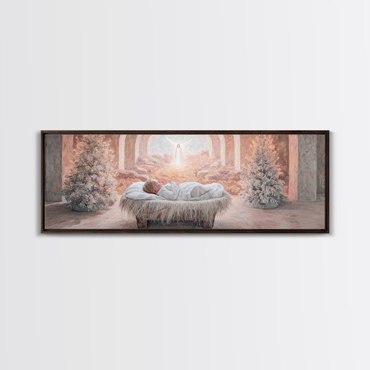 Manger Dawn Peace | Framed Canvas Print | Christian Art Canvas | Panoramic Art | Christian Christmas Art | Jesus Painting | Christian Decor