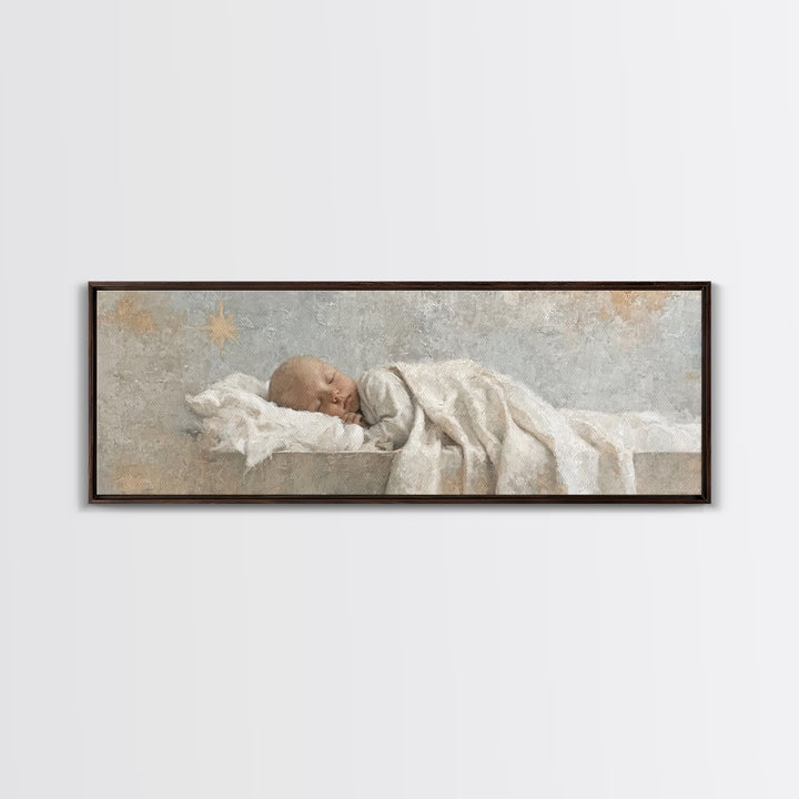 Gentle Holy Night, Framed Canvas Print, Christian Christmas Art, Panoramic Print, Christian Art Canvas, Jesus Painting, Christmas Decor