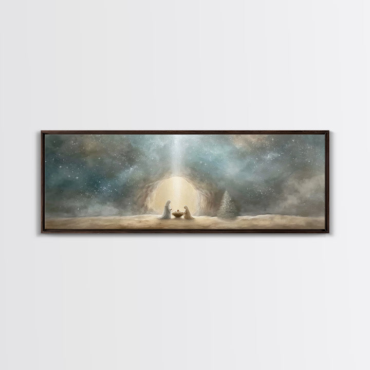 Starlit Holy Night – Framed Canvas Print – Christian Wall Art – Panoramic Art – Christian Art Canvas – Christmas Art – Jesus Christmas Art