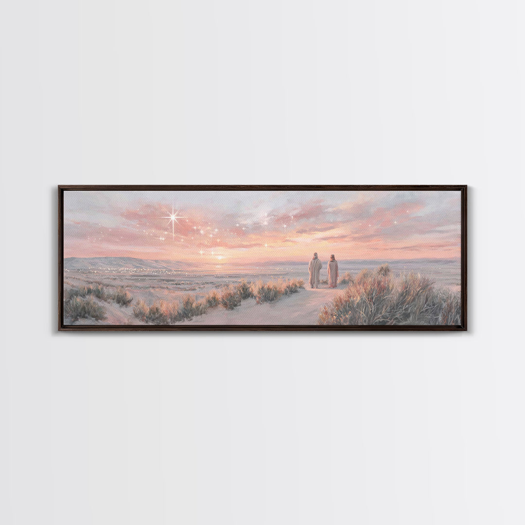 Bethlehem Dawn Glow, Framed Canvas Print, Christian Wall Art, Panoramic Frame, Christian Christmas Art, Jesus Art Print, Christmas Decor