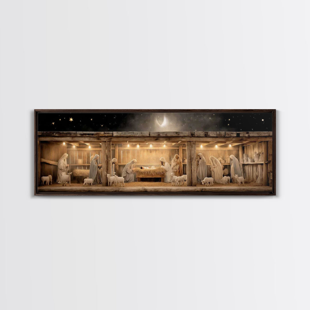 Nativity Serenity – Framed Canvas Print – Christian Wall Art – Christian Art Canvas – Panoramic Frame – Christmas Art – Christian Christmas