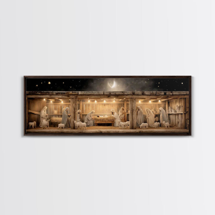 Nativity Serenity – Framed Canvas Print – Christian Wall Art – Christian Art Canvas – Panoramic Frame – Christmas Art – Christian Christmas