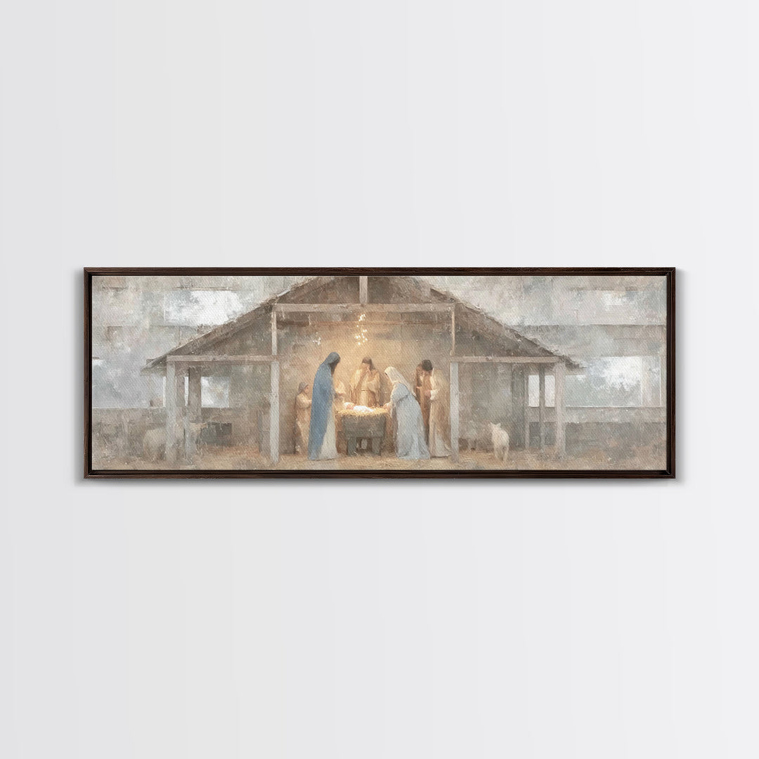 Starry Night Nativity, Framed Canvas Print, Christian Wall Art, Christian Art Canvas, Panoramic Art, Christmas Art, Jesus Christmas Art