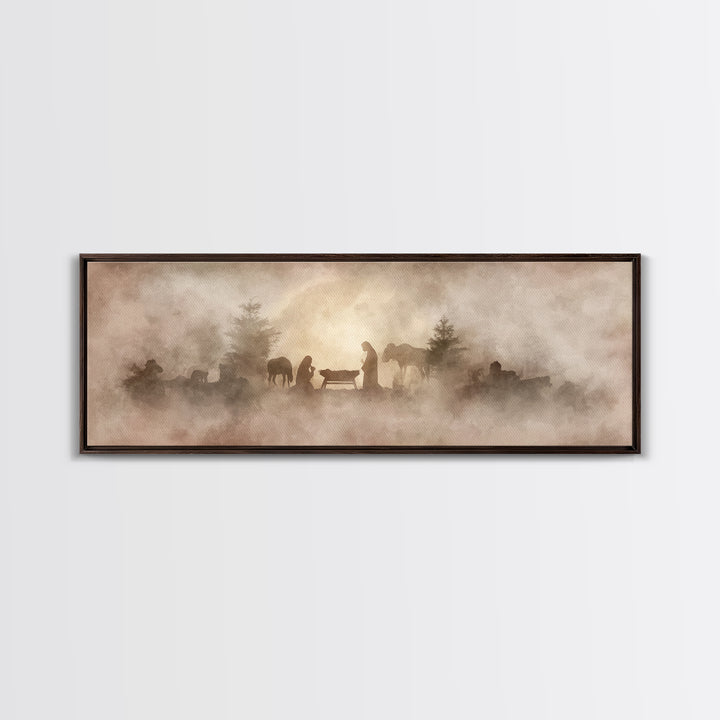 Manger In The Mist, Framed Canvas Print, Panoramic Art, Christian Wall Art, Christian Art Canvas, Christmas Art, Christian Decor, Jesus Pai