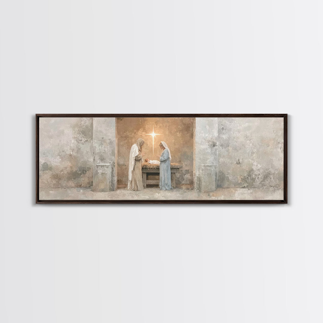 Humble Manger Peace – Framed Canvas Print – Christian Wall Art – Christmas Art – Panoramic Print – Christian Art Canvas – Christian Decor