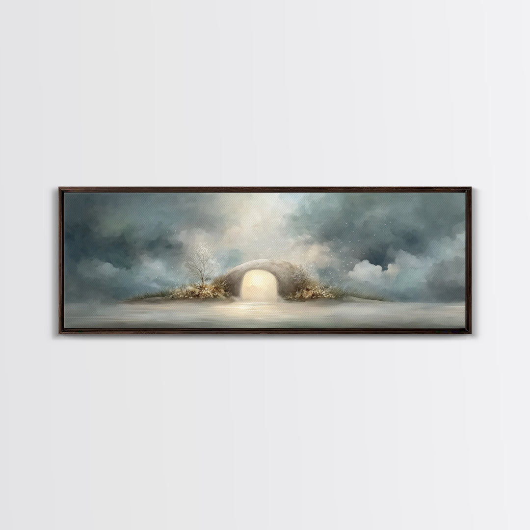 Heavenly Tomb Glow | Framed Canvas Print | Christian Wall Art | Christian Art Canvas | Christian Painting | Panoramic Wall Art | Christmas