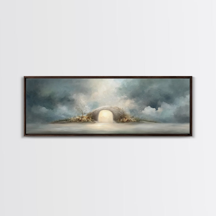 Heavenly Tomb Glow | Framed Canvas Print | Christian Wall Art | Christian Art Canvas | Christian Painting | Panoramic Wall Art | Christmas
