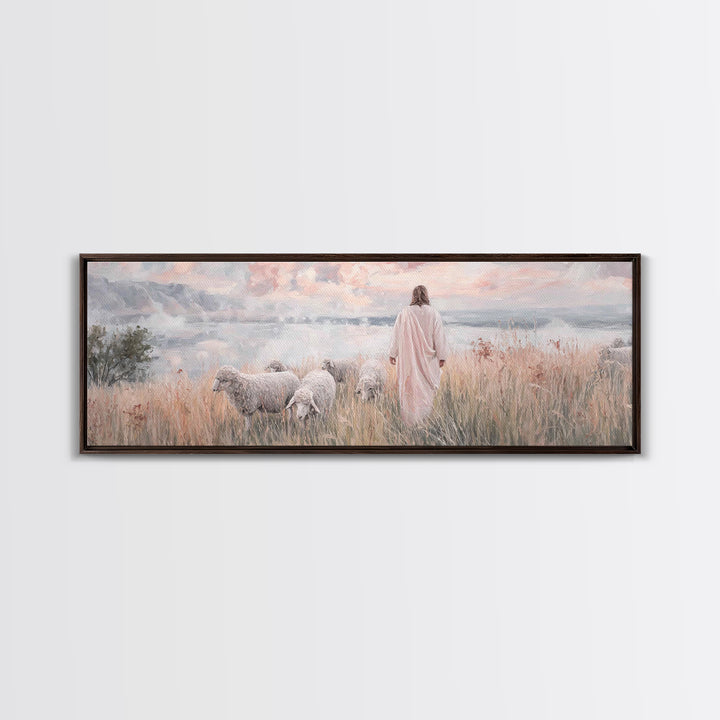 Pastures Of Grace – Framed Canvas Print – Christian Wall Art – Panoramic Art – Jesus Painting – Christian Art Canvas – Christian Decor – Ch