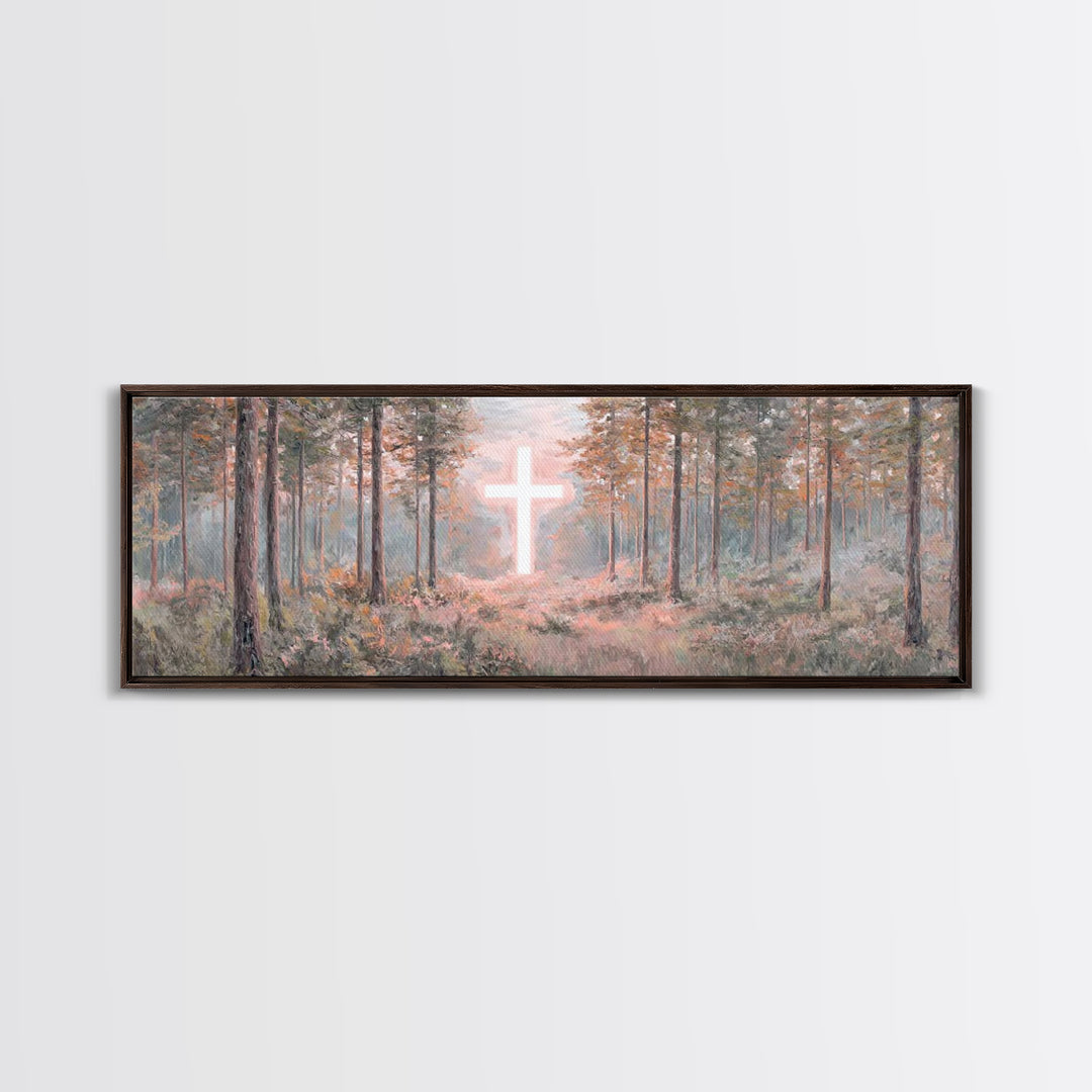 Forest Cross Light, Framed Canvas Print, Panoramic Wall Art, Christian Wall Art, Jesus Painting, Christian Canvas, Christian Art, Faith Art
