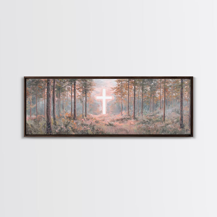 Forest Cross Light, Framed Canvas Print, Panoramic Wall Art, Christian Wall Art, Jesus Painting, Christian Canvas, Christian Art, Faith Art