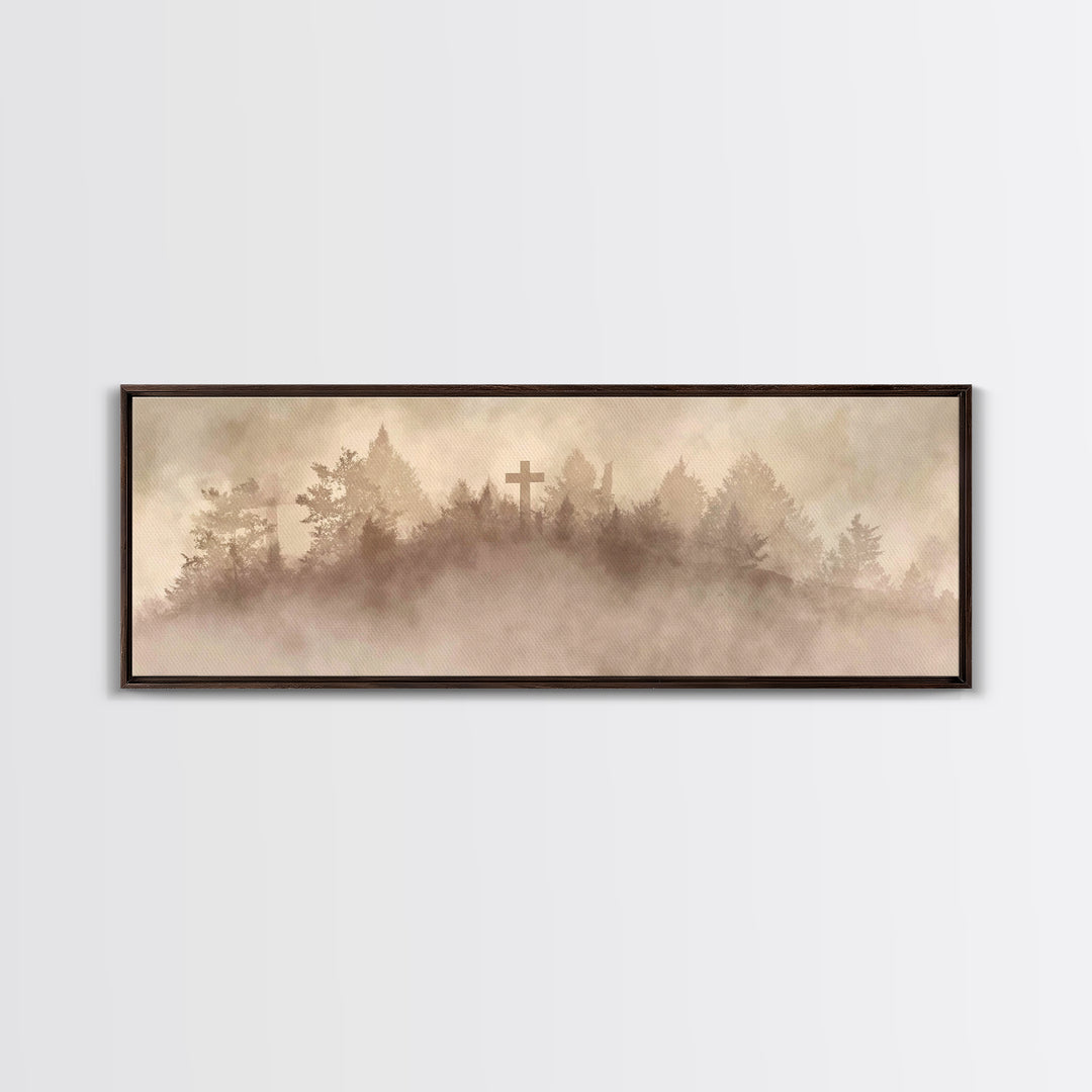Silent Summit Cross - Framed Canvas Print - Panoramic Art - Christian Wall Art - Christian Art Canvas - Jesus Painting - Christian Christma
