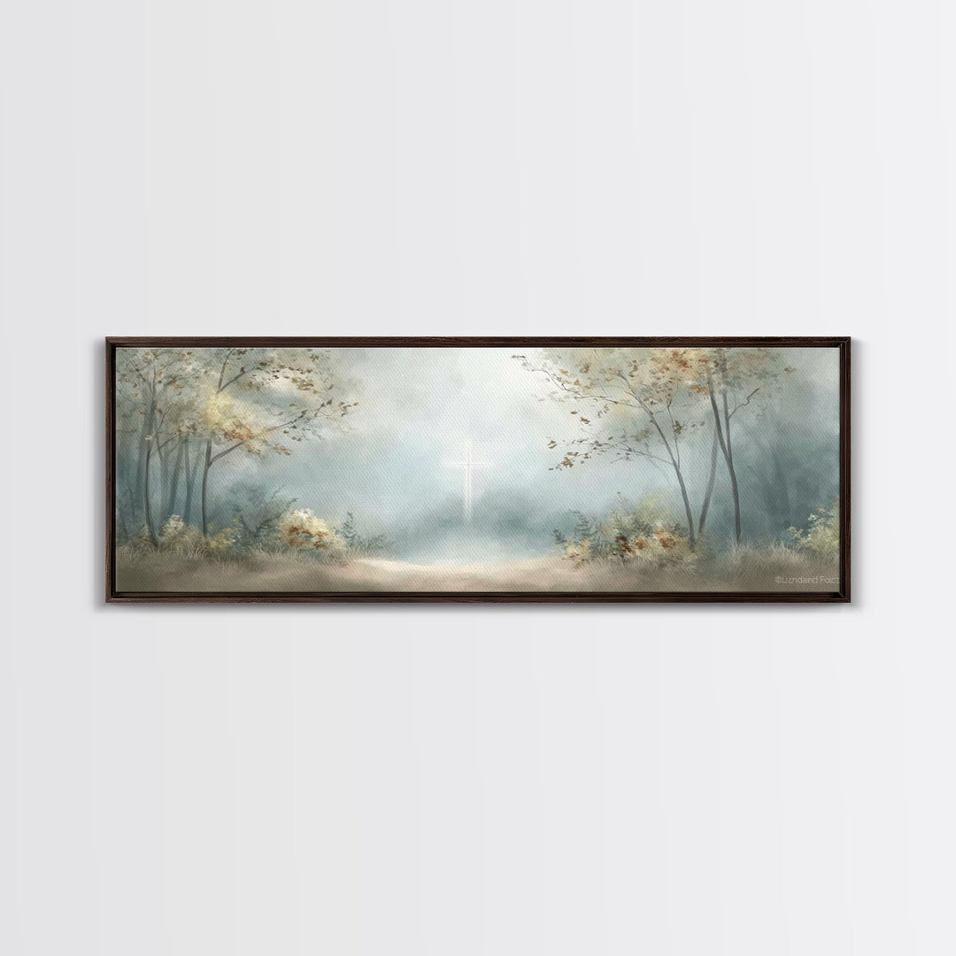 Gentle Morning Cross | Framed Canvas Print | Panoramic Wall Art | Christian Art Canvas | Christian Wall Art | Jesus Painting | Christian De