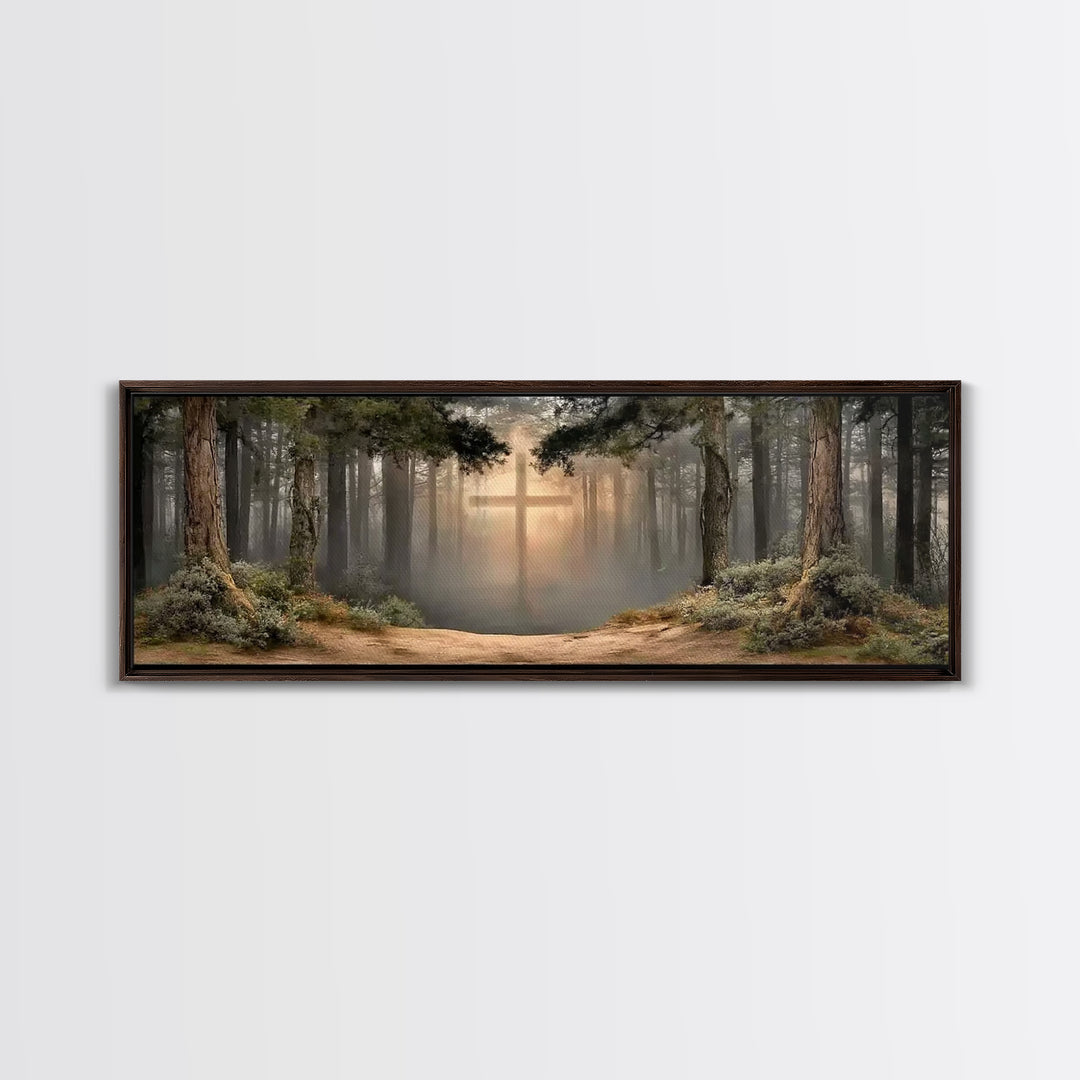 Heavenly Forest Glow, Framed Canvas Print, Panoramic Painting, Christian Wall Art, Christian Canvas, Jesus Painting, Modern Christian Art