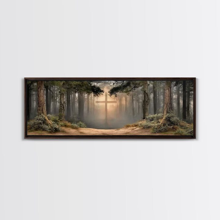 Heavenly Forest Glow, Framed Canvas Print, Panoramic Painting, Christian Wall Art, Christian Canvas, Jesus Painting, Modern Christian Art