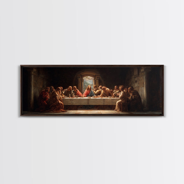 Sacred Supper Moment, Framed Canvas Print, Panoramic Painting, Christian Wall Art, Jesus Painting, Christian Art Canvas, Modern Christian A