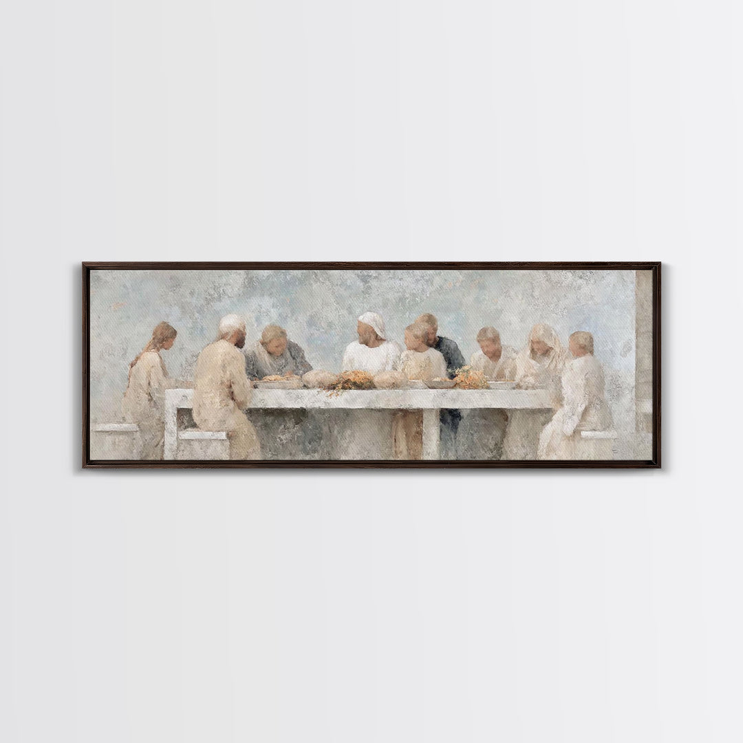 Quiet Table Fellowship – Framed Canvas Print – Panoramic Wall Art – Christian Art Canvas – Jesus Painting – Christmas Wall Art – Christian