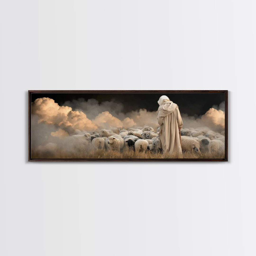 Guardian Of Flock – Framed Canvas Print – Panoramic Art – Jesus Canvas Art – Christian Wall Art – Christian Christmas Decor – Christian Pai