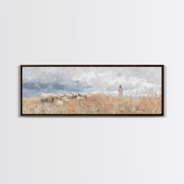 Shoreline Shepherd Dawn | Framed Canvas Print | Panoramic Frame | Christian Art Canvas | Jesus Painting | Christian Wall Art | Subtle Chris