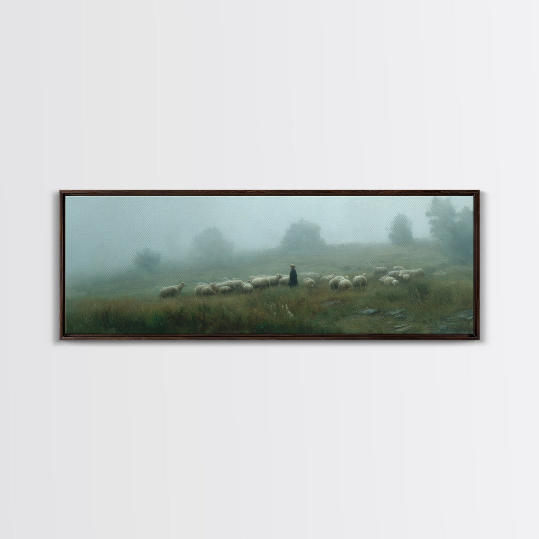 Shepherds In Mist | Framed Canvas Print | Panoramic Art | Christian Wall Art | Christian Art Canvas | Jesus Painting | Subtle Christian Art