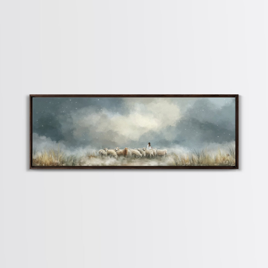 Starry Night Flock – Framed Canvas Print – Panoramic Wall Art – Christian Art Canvas – Christian Christmas Art – Jesus Painting – Christian