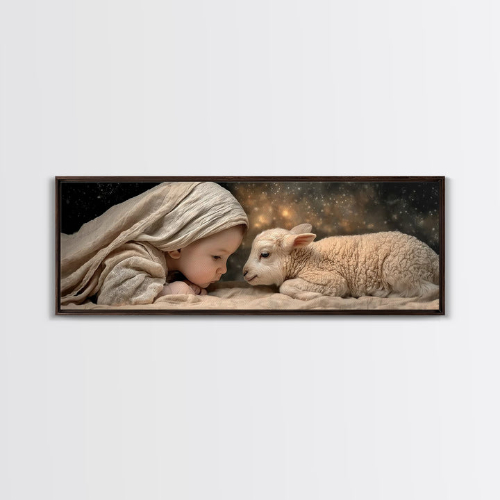 Little Lamb Blessing – Framed Canvas Print – Christian Painting – Panoramic Wall Art – Christmas Art – Christian Art Gift – Christian Decor
