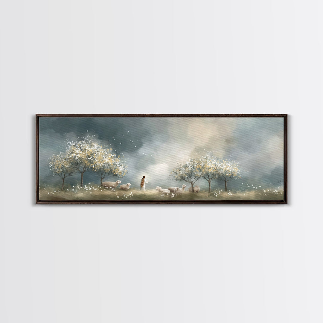 Radiant Shepherd Light – Framed Canvas Print – Christian Art Canvas – Panoramic Painting – Jesus Wall Art – Christian Christmas Art