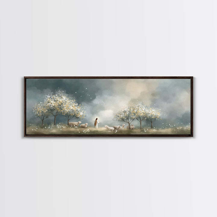 Radiant Shepherd Light – Framed Canvas Print – Christian Art Canvas – Panoramic Painting – Jesus Wall Art – Christian Christmas Art