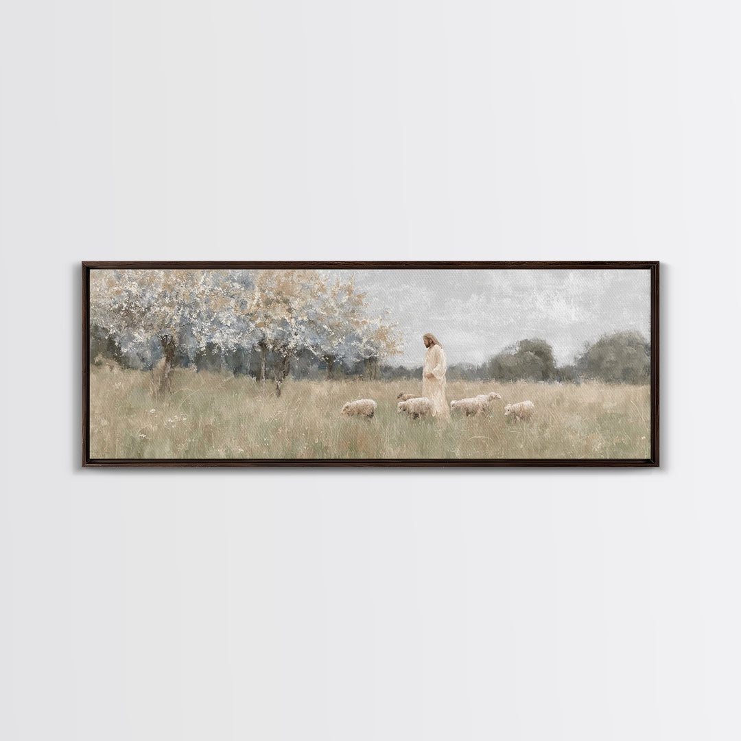 Heavenly Pastures | Framed Canvas Print | Christian Wall Art | Panoramic Art | Jesus Painting | Christian Art Canvas | Christmas Art