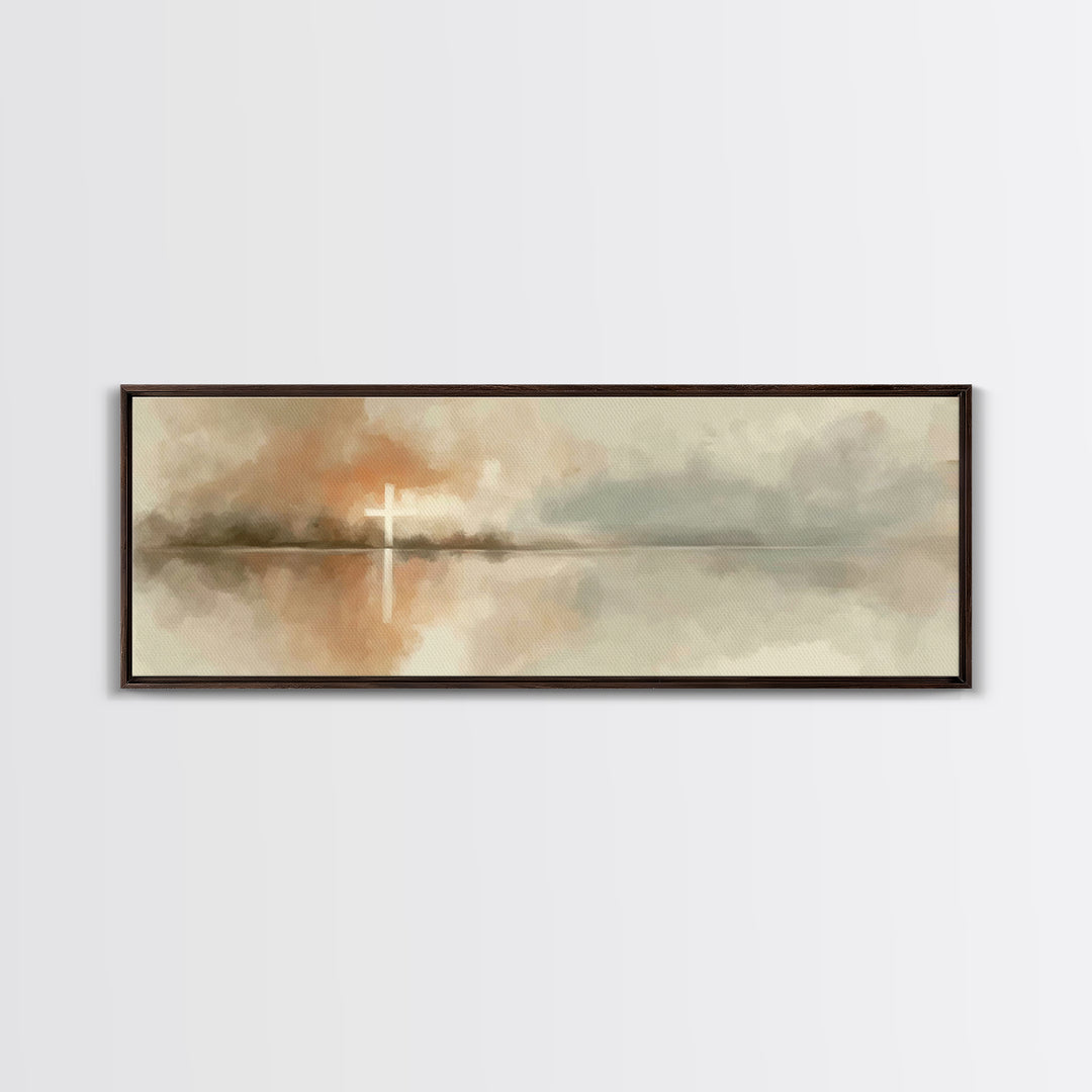 Cross Of Dawn, Framed Canvas Print, Panoramic Painting, Christian Art Canvas, Christian Wall Art, Minimalist Christian Art, Christmas Art