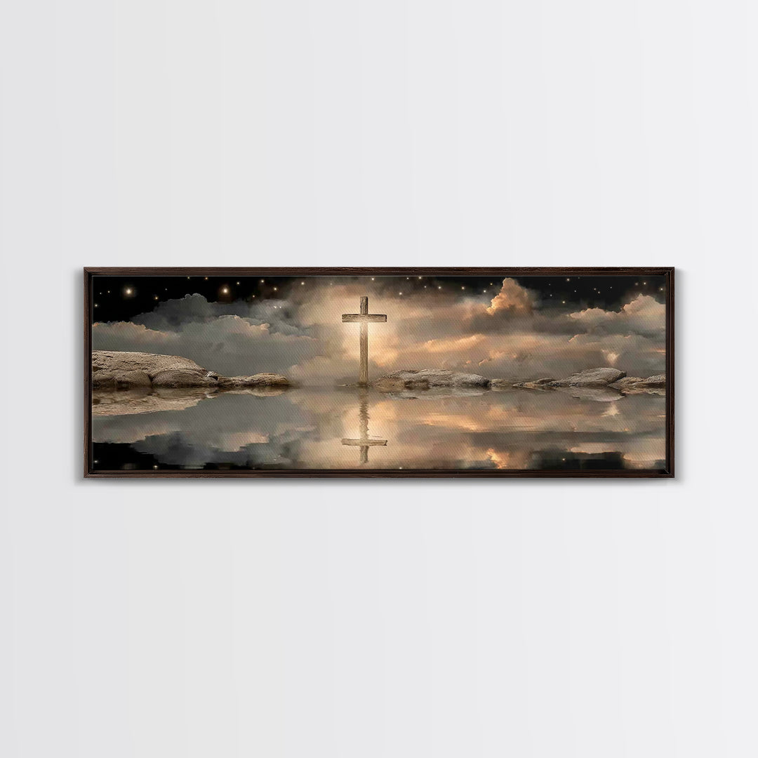 Night Of The Cross – Framed Canvas Print – Panoramic Wall Art – Christian Art Canvas – Christian Painting – Christmas Art – Christian Decor