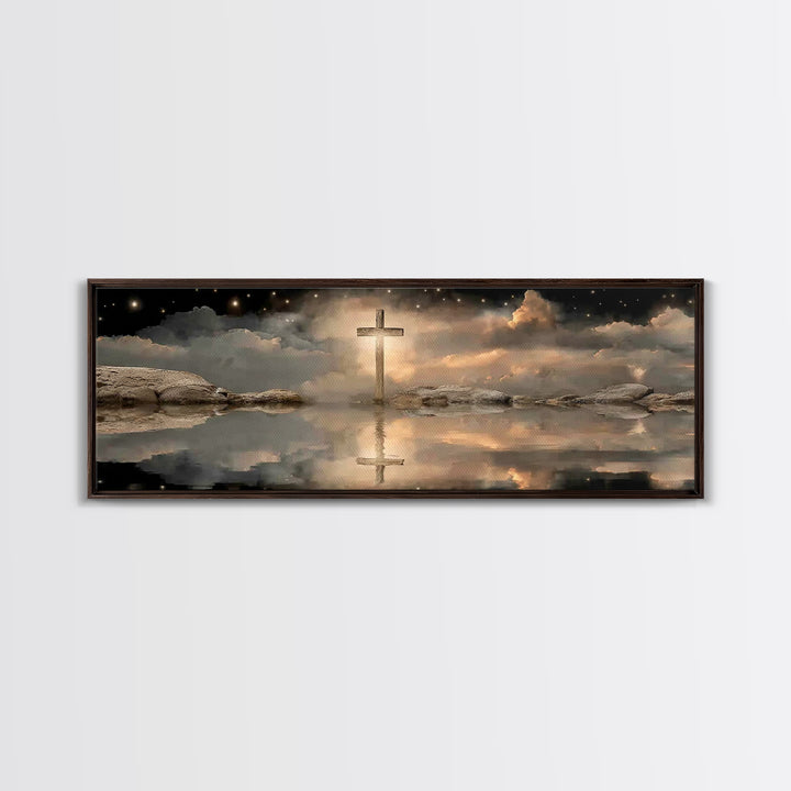 Night Of The Cross – Framed Canvas Print – Panoramic Wall Art – Christian Art Canvas – Christian Painting – Christmas Art – Christian Decor
