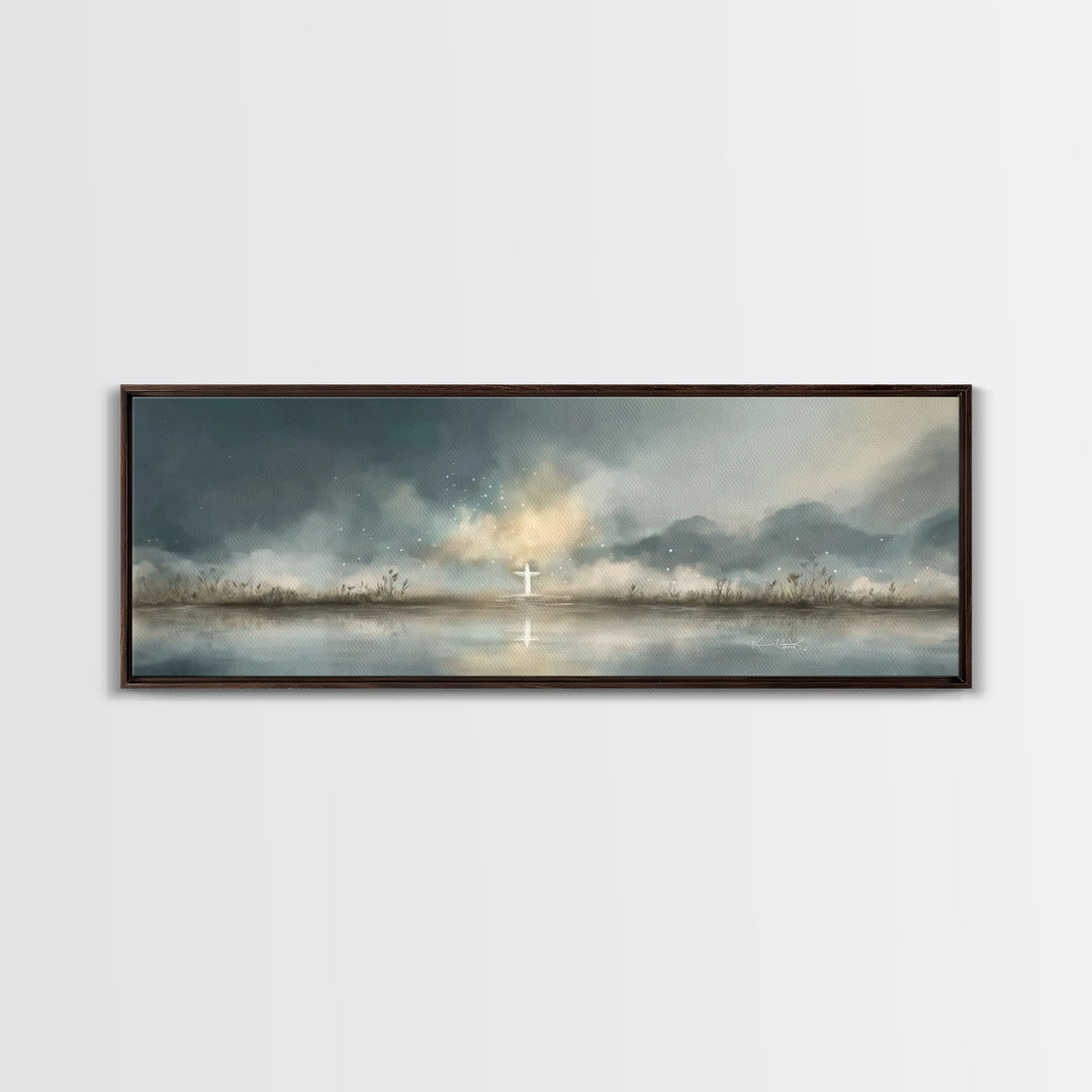 Cross At Horizon | Framed Canvas Print | Panoramic Print | Christian Art Canvas | Christian Wall Art | Minimalist Christian Art | Christmas