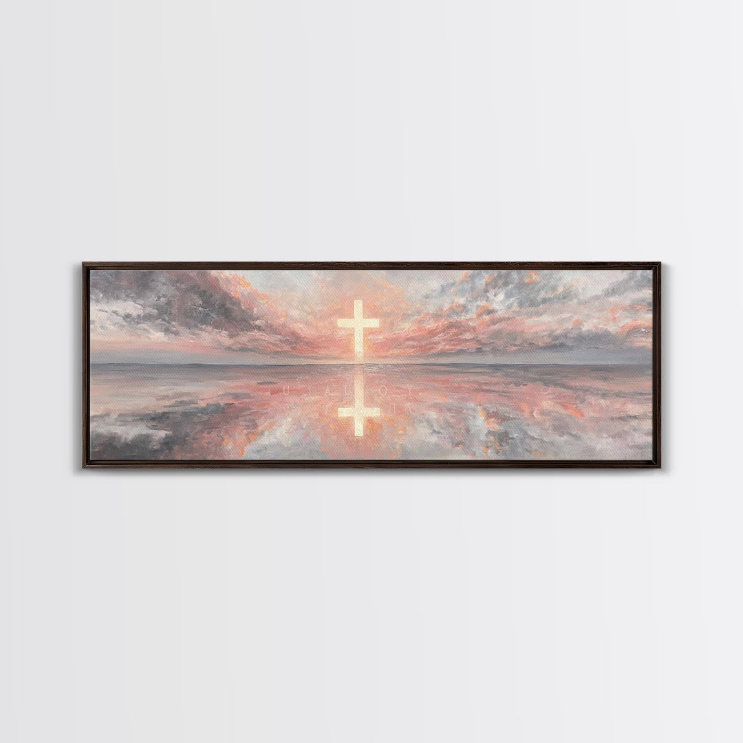 Radiant Cross Sky | Framed Canvas Print | Christian Art Canvas | Panoramic Wall Art | Christian Painting | Christian Decor | Christmas Art