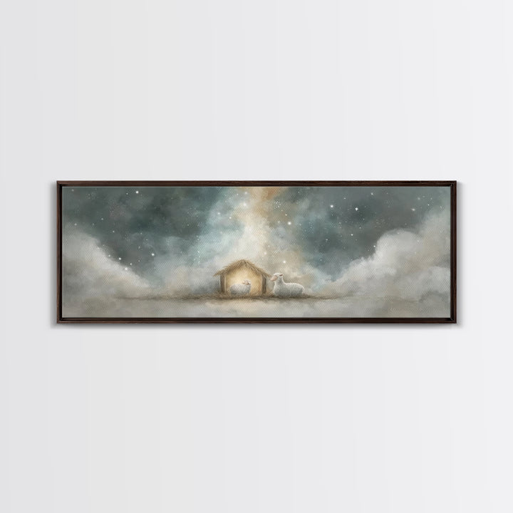 Starry Holy Night, Framed Canvas Print, Christian Wall Art, Panoramic Painting, Christian Christmas Art, Christian Art Print, Jesus Canvas