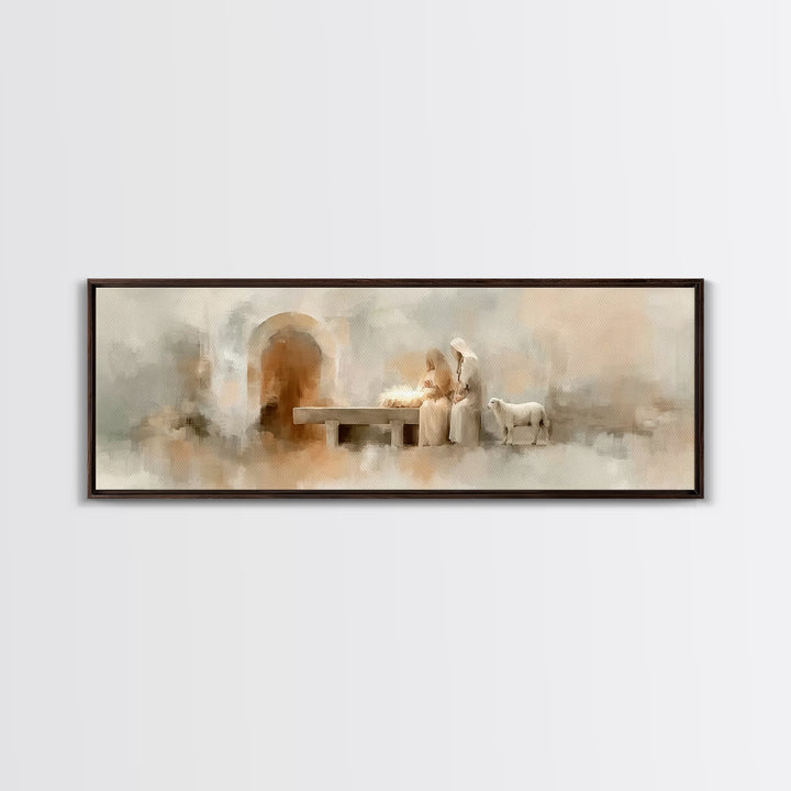 Sacred Manger Light – Framed Canvas Print – Christmas Art – Panoramic Frame – Christian Christmas Decor – Christian Painting – Christian Ar