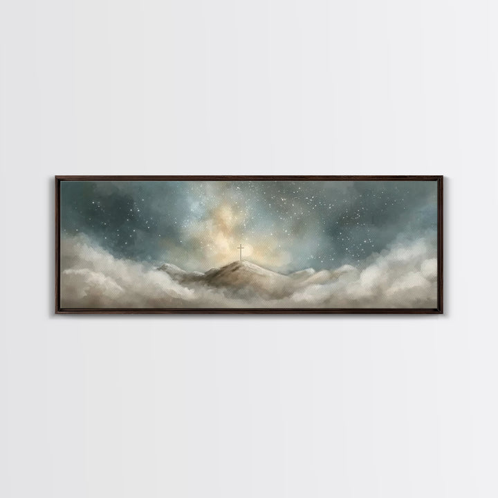 Starlit Redemption | Framed Canvas Print | Christian Wall Art | Jesus Painting | Christian Art Print | Christmas Art | Panoramic Wall Art