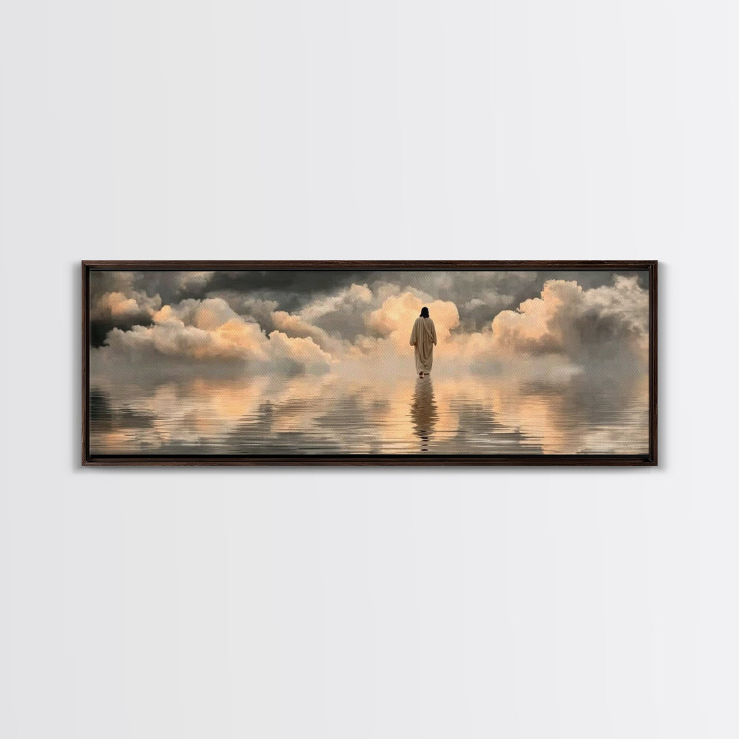 Silent Shore Walk | Framed Canvas Print | Christian Art Print | Panoramic Frame | Jesus Canvas Art | Christian Wall Art