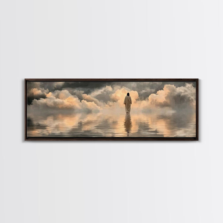 Silent Shore Walk | Framed Canvas Print | Christian Art Print | Panoramic Frame | Jesus Canvas Art | Christian Wall Art