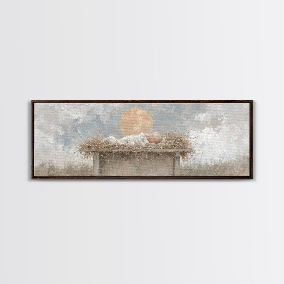 Radiant Manger Peace | Framed Canvas Print | Christian Christmas Art | Christian Wall Art | Christmas Canvas Wall Art | Panoramic Art | Chr