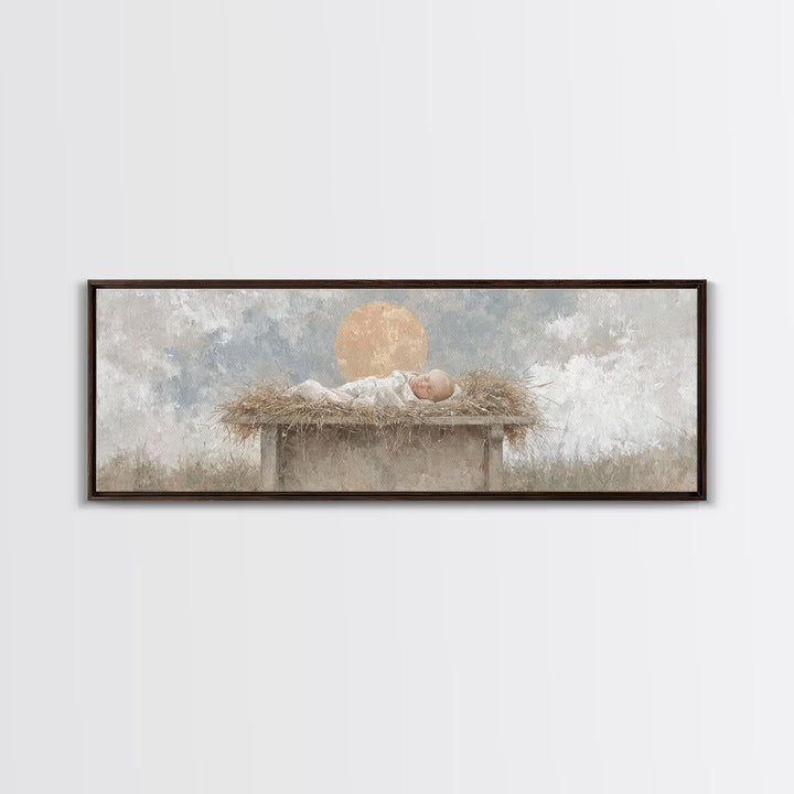 Radiant Manger Peace | Framed Canvas Print | Christian Christmas Art | Christian Wall Art | Christmas Canvas Wall Art | Panoramic Art | Chr