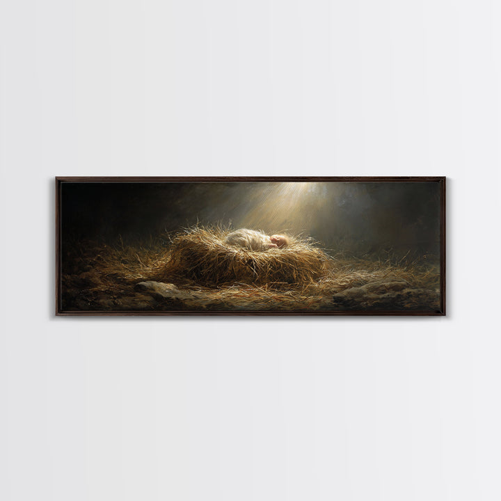 Holy Night Radiance, Framed Canvas Print, Christian Christmas Art, Jesus Painting, Panoramic Art, Christian Wall Art, Christian Art Canvas,