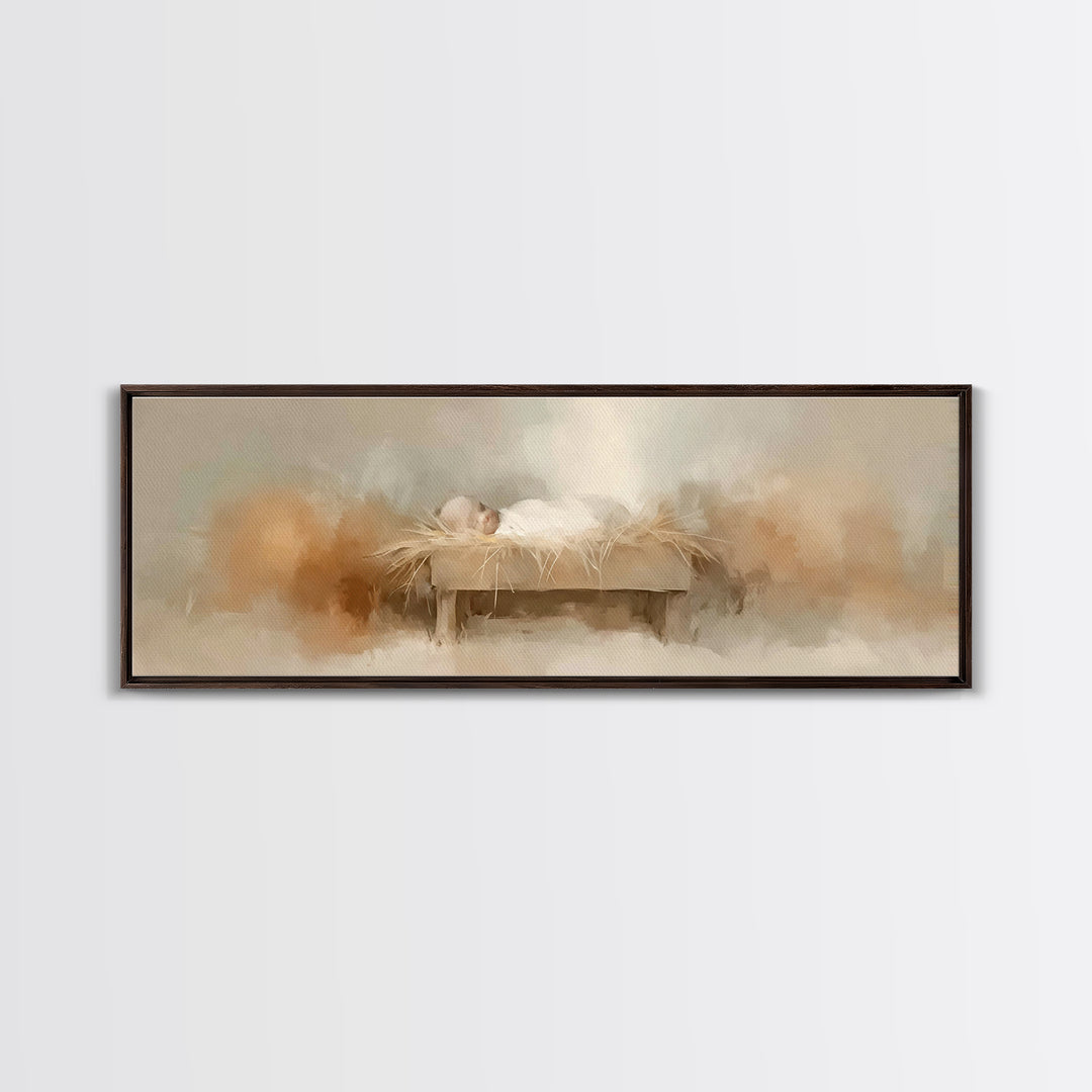 Soft Manger Light – Framed Canvas Print – Christian Wall Art – Panoramic Frame – Christian Christmas Art – Christian Art Canvas – Christmas