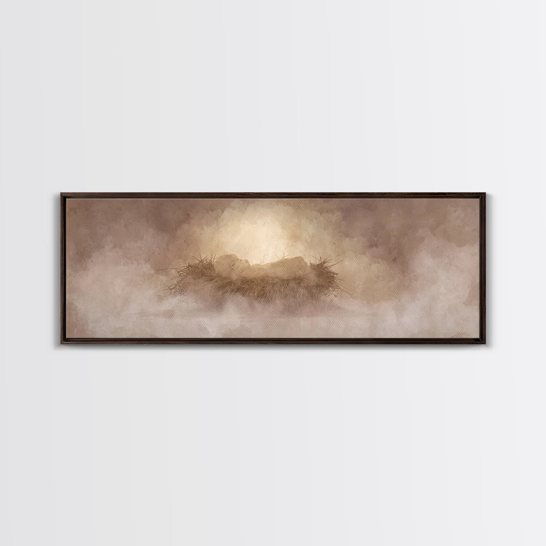 Celestial Manger Mist | Framed Canvas Print | Christian Art | Panoramic Wall Art | Christian Christmas Art | Jesus Art Print | Christmas Ca