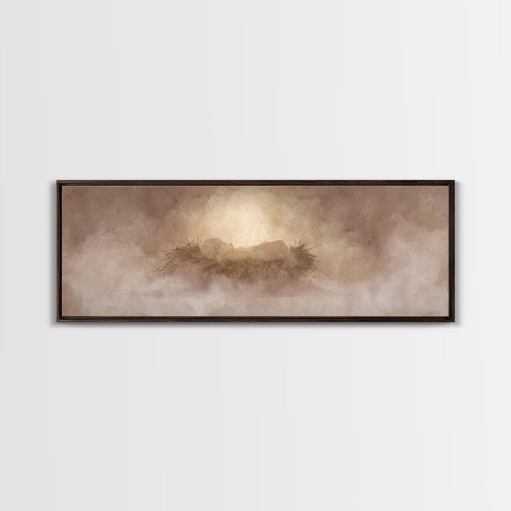 Celestial Manger Mist | Framed Canvas Print | Christian Art | Panoramic Wall Art | Christian Christmas Art | Jesus Art Print | Christmas Ca