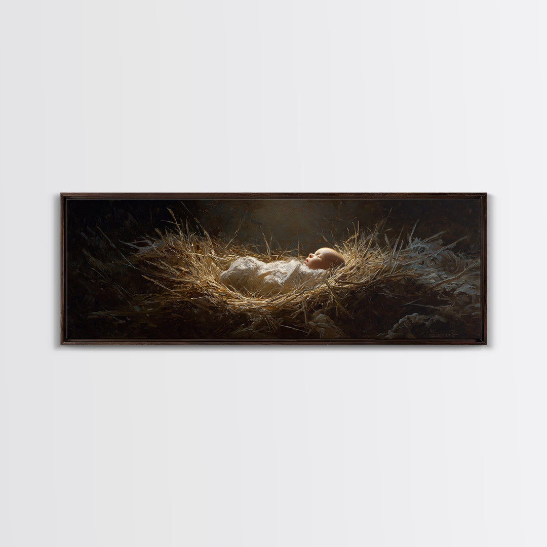Divine Manger Glow – Framed Canvas Print – Christian Art Canvas – Panoramic Wall Art – Jesus Painting – Christian Christmas Art – Christian