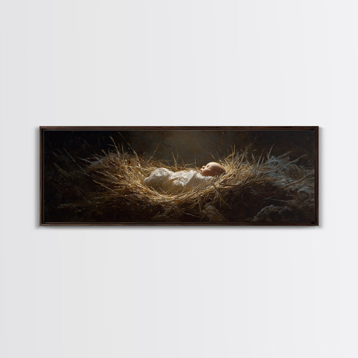 Divine Manger Glow – Framed Canvas Print – Christian Art Canvas – Panoramic Wall Art – Jesus Painting – Christian Christmas Art – Christian