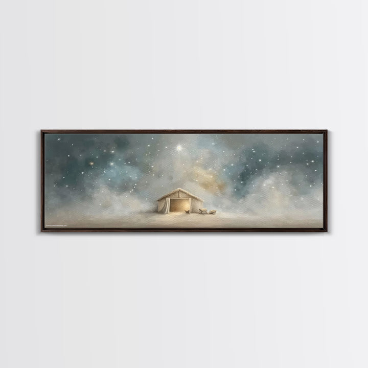 Silent Night Stable, Framed Canvas Print, Panoramic Painting, Christian Wall Art, Christmas Art, Christian Art Canvas, Christian Christmas