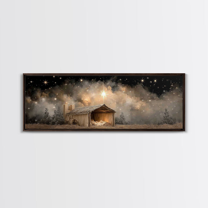 Starry Night Shelter – Framed Canvas Print – Panoramic Wall Art – Christmas Art – Christian Art Canvas – Christian Wall Art – Christian Chr